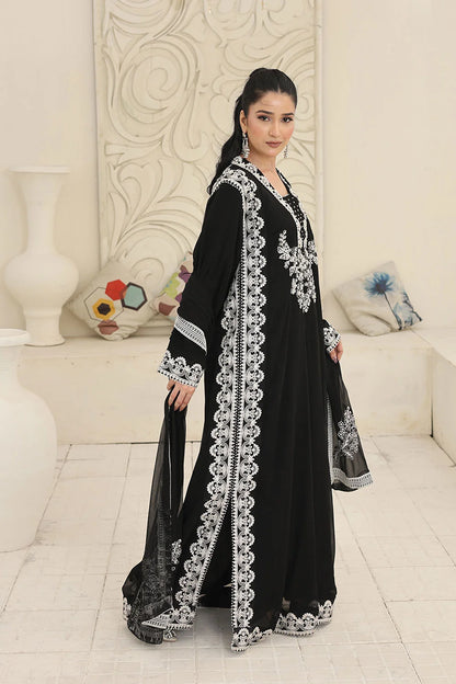 "Elegant black chiffon kaftan, straight‑fit trousers, and khaddi net dupatta – party wear ensemble"
