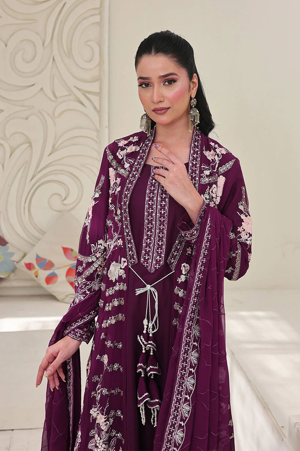 "Elegant magenta grip tunic with trousers and chiffon dupatta – festive party wear"