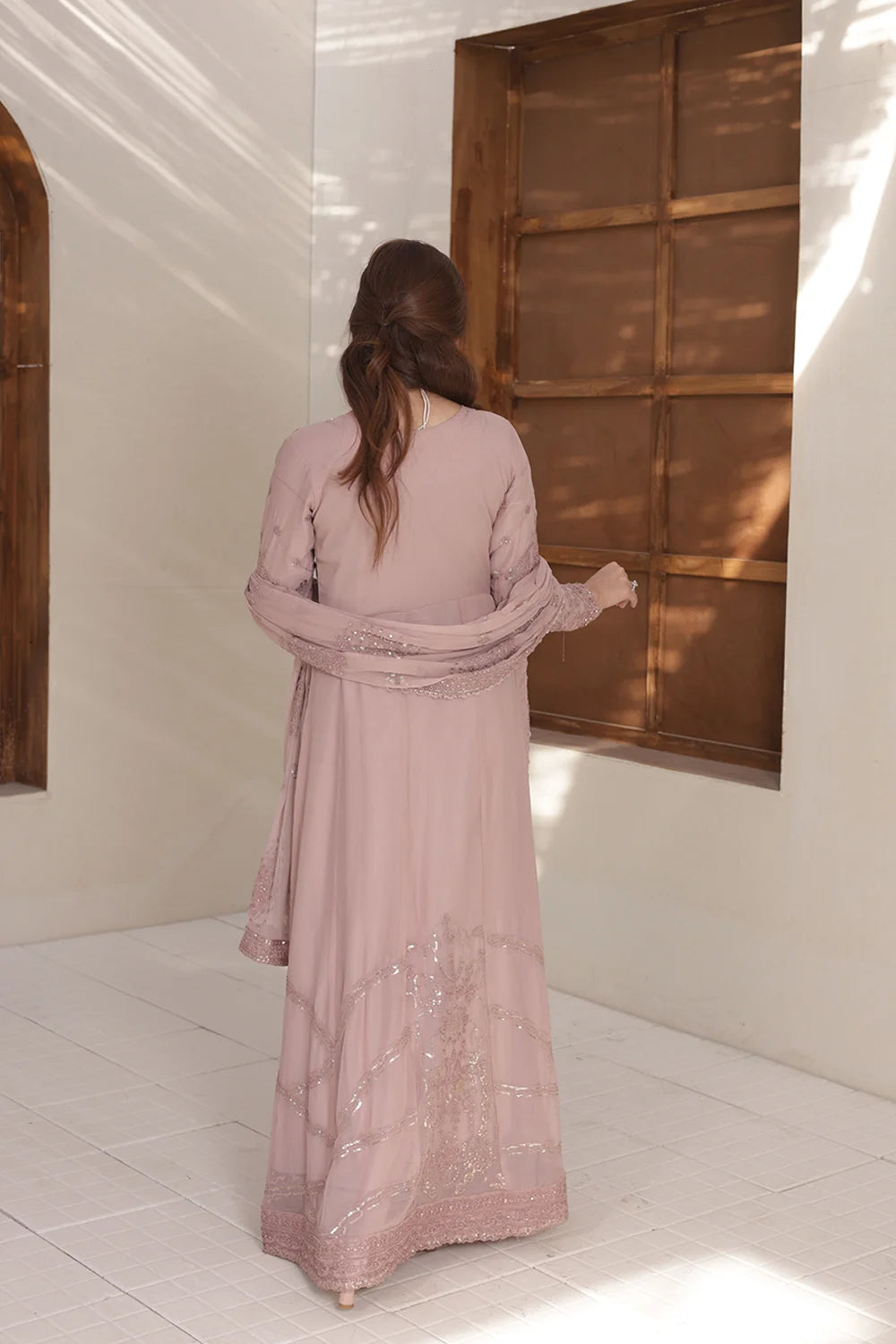 "Elegant pink embroidered 3‑piece stitched outfit – festive wedding ensemble"