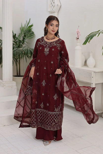 "Elevate your festive wardrobe with this embroidered 4‑piece gown style ensemble in berry and sea green. Featuring a malai inner, organza overcoat, trousers, and dupatta, perfect for weddings and luxury party wear."