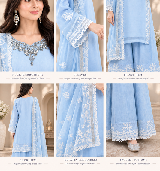Ice blue stitched luxury chiffon short shirt with long embroidered dupatta and crinkle silk palazzo