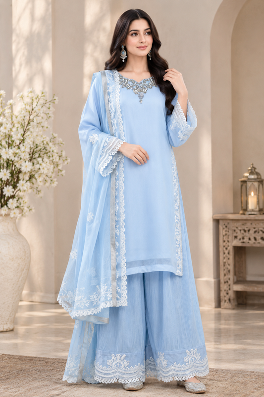 Ice blue stitched luxury chiffon short shirt with long embroidered dupatta and crinkle silk palazzo