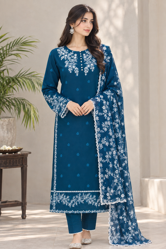 Embroidered Chiffon 3-Piece Pakistani Suit – Pink, Malaysian Blue & Fawn