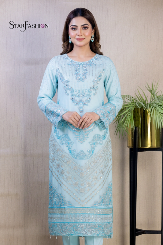 Ferozi and lilac chiffon straight shirt with chiffon dupatta and crepe straight pants Pakistani formal suit