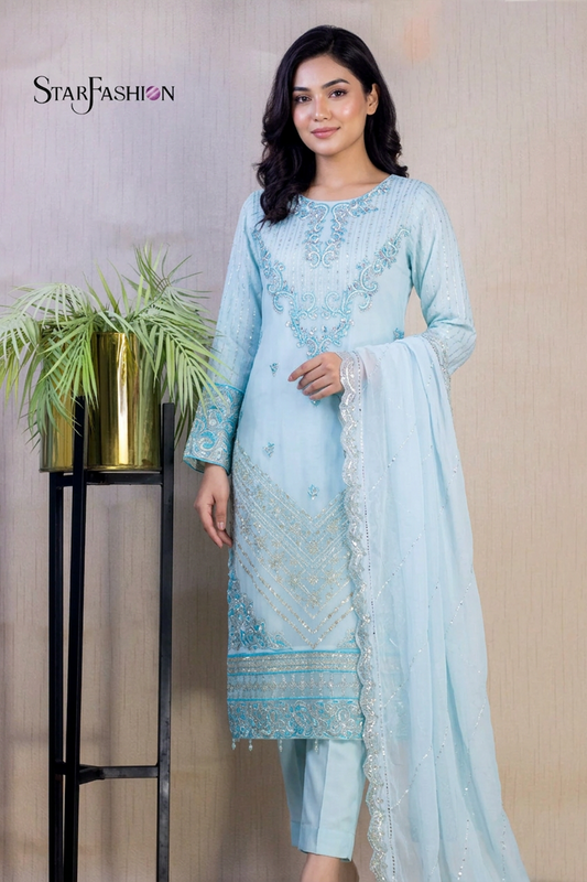 Ferozi and lilac chiffon straight shirt with chiffon dupatta and crepe straight pants Pakistani formal suit