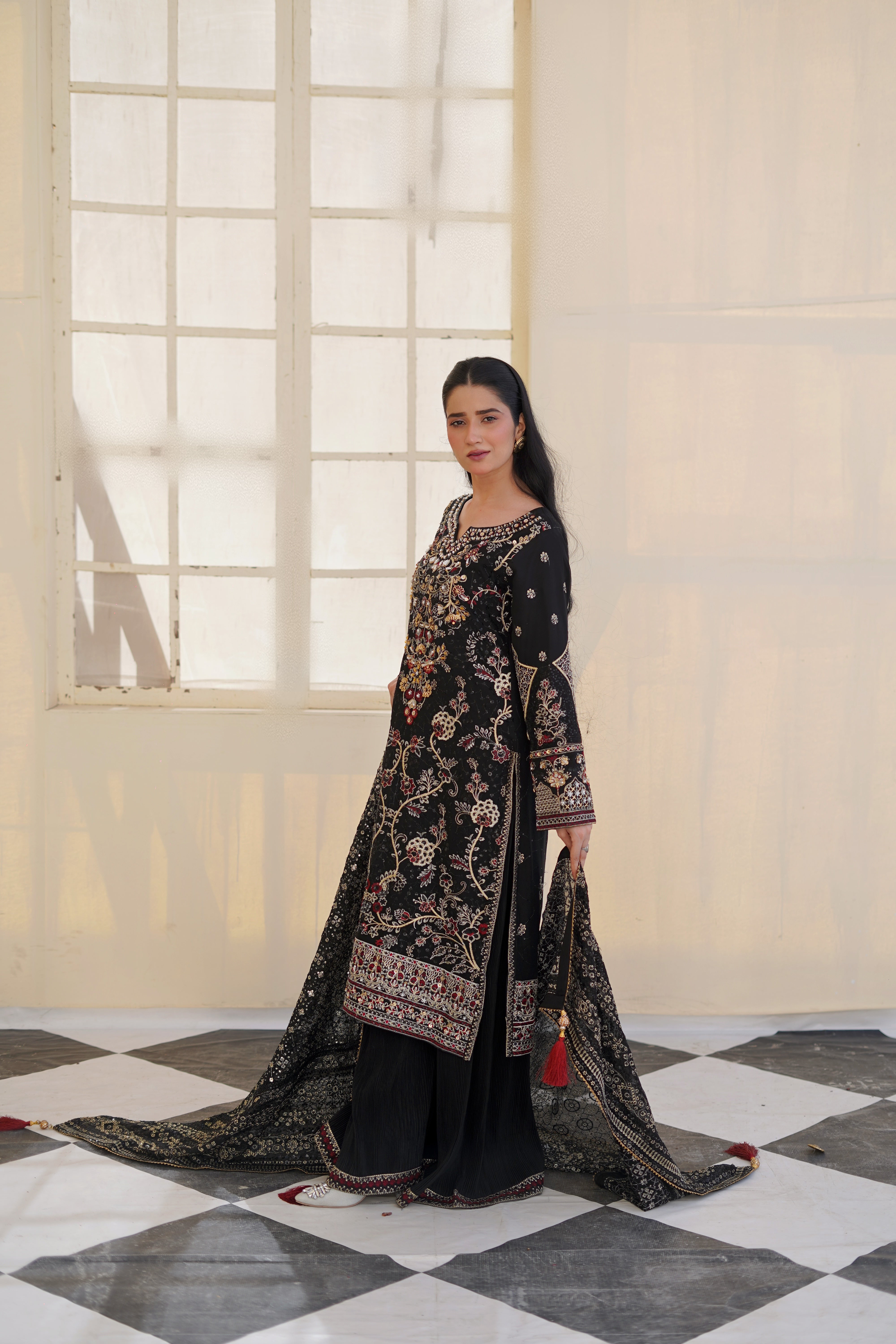 Black Embroidered Chiffon Suit for Women