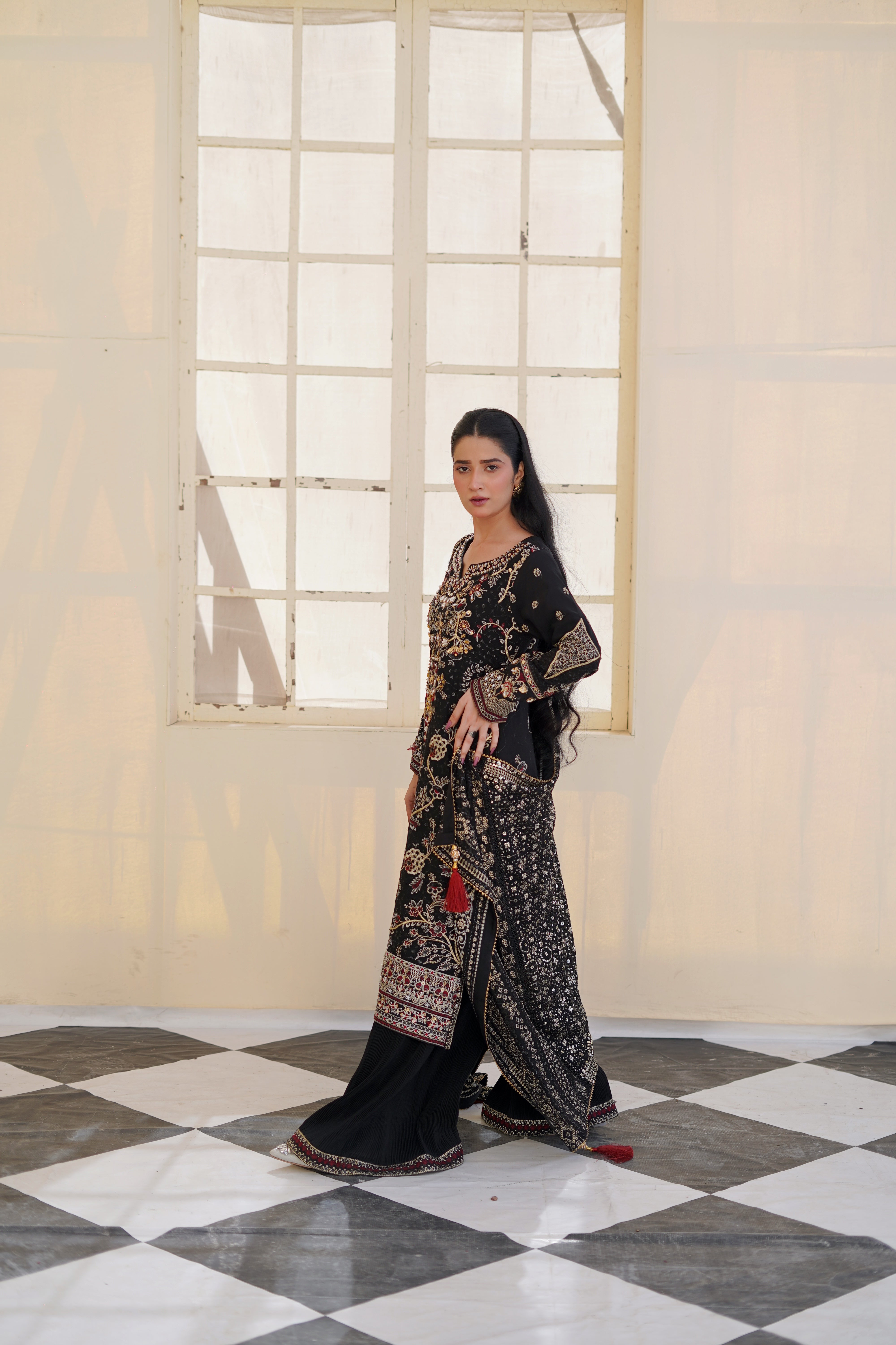 Black Embroidered Chiffon Suit for Women