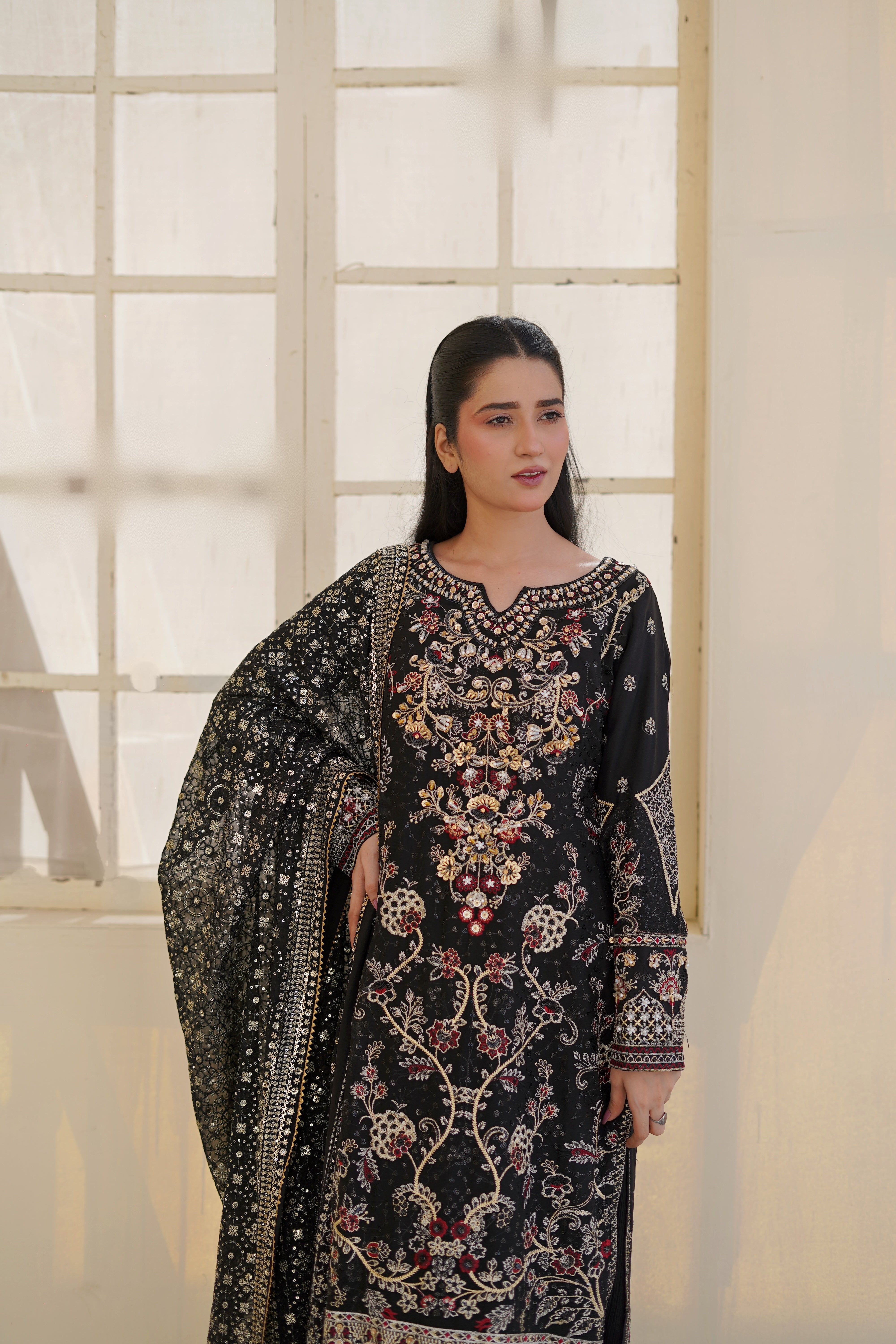 Black Embroidered Chiffon Suit for Women