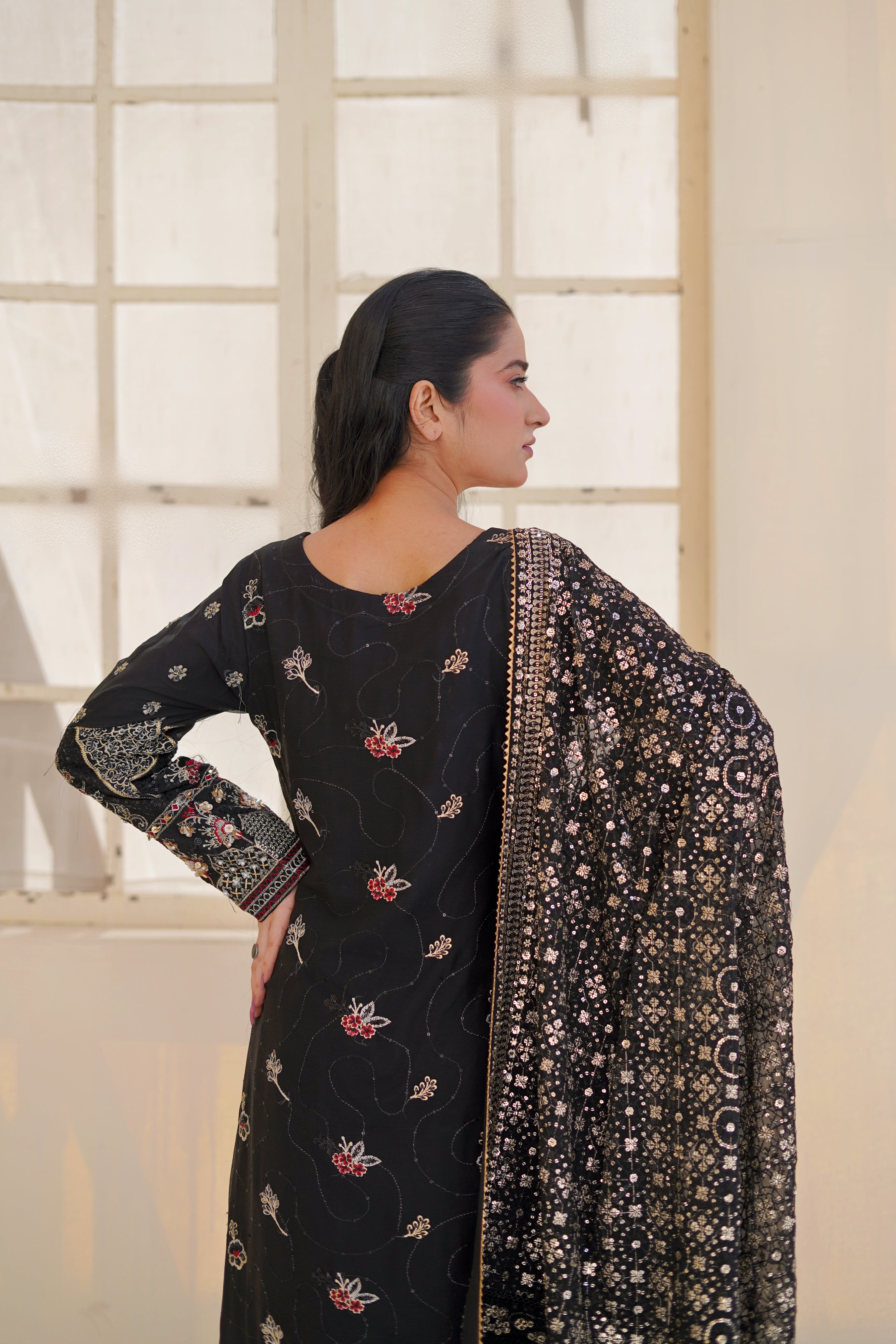 Black Embroidered Chiffon Suit for Women