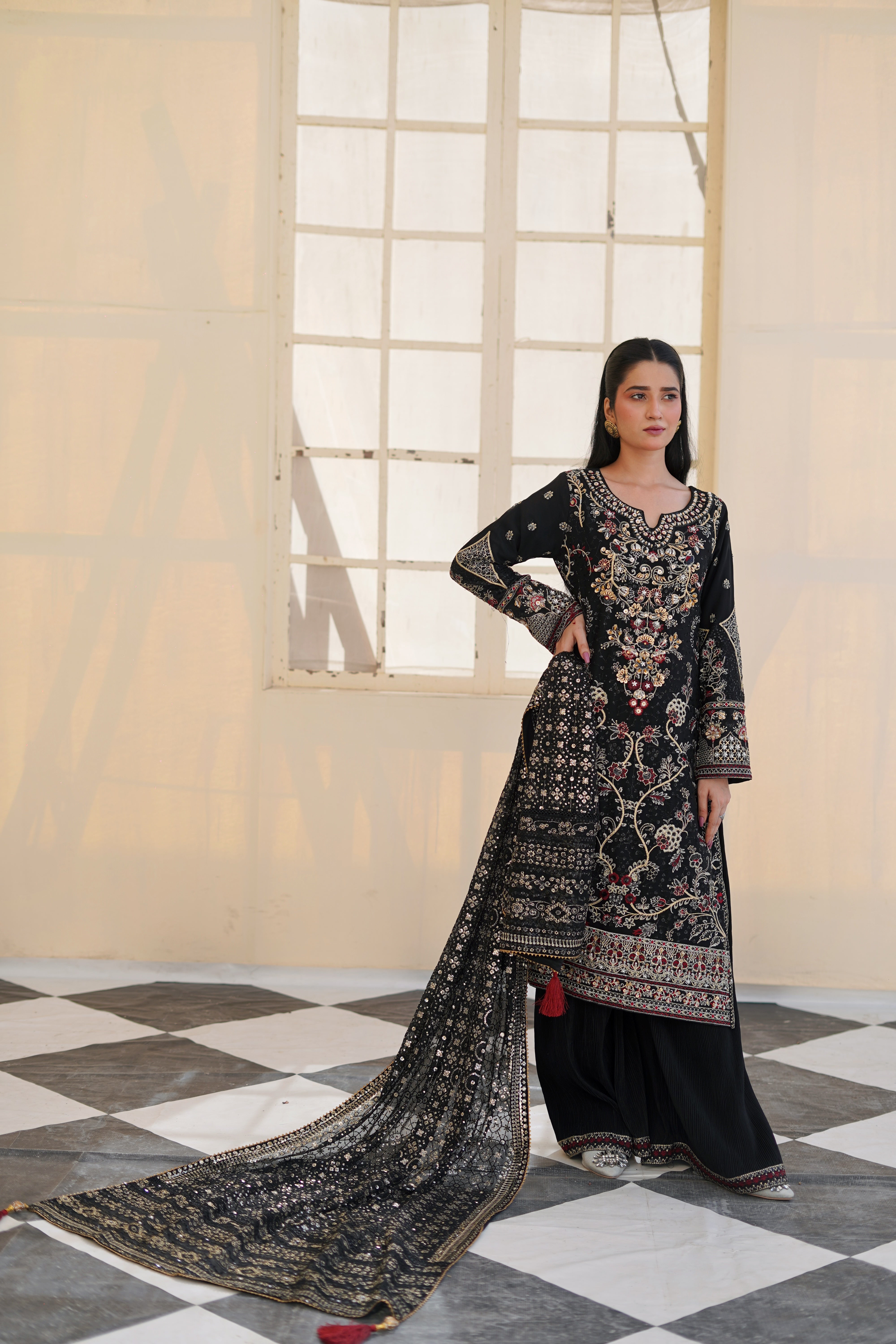 Black Embroidered Chiffon Suit for Women