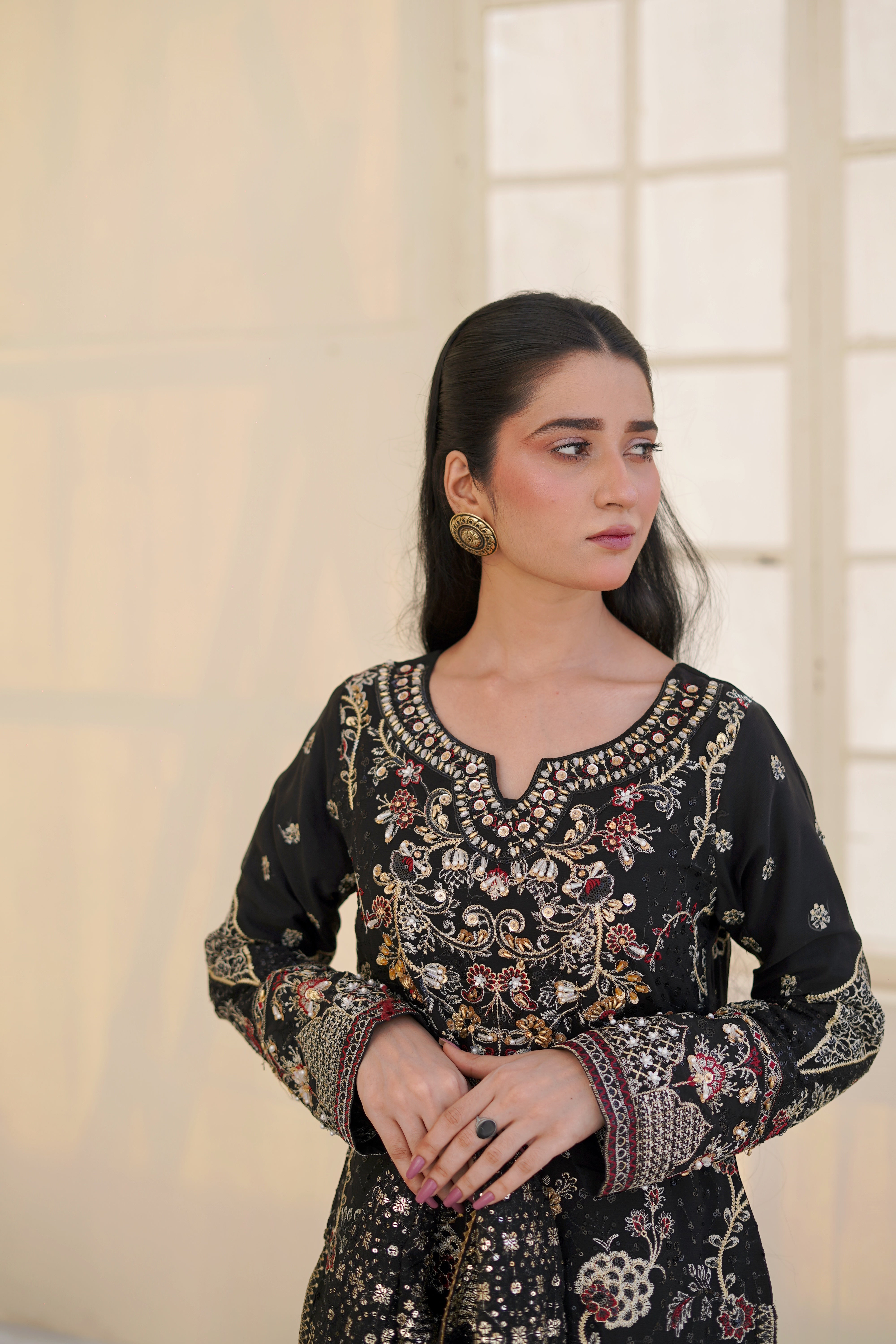 Black Embroidered Chiffon Suit for Women