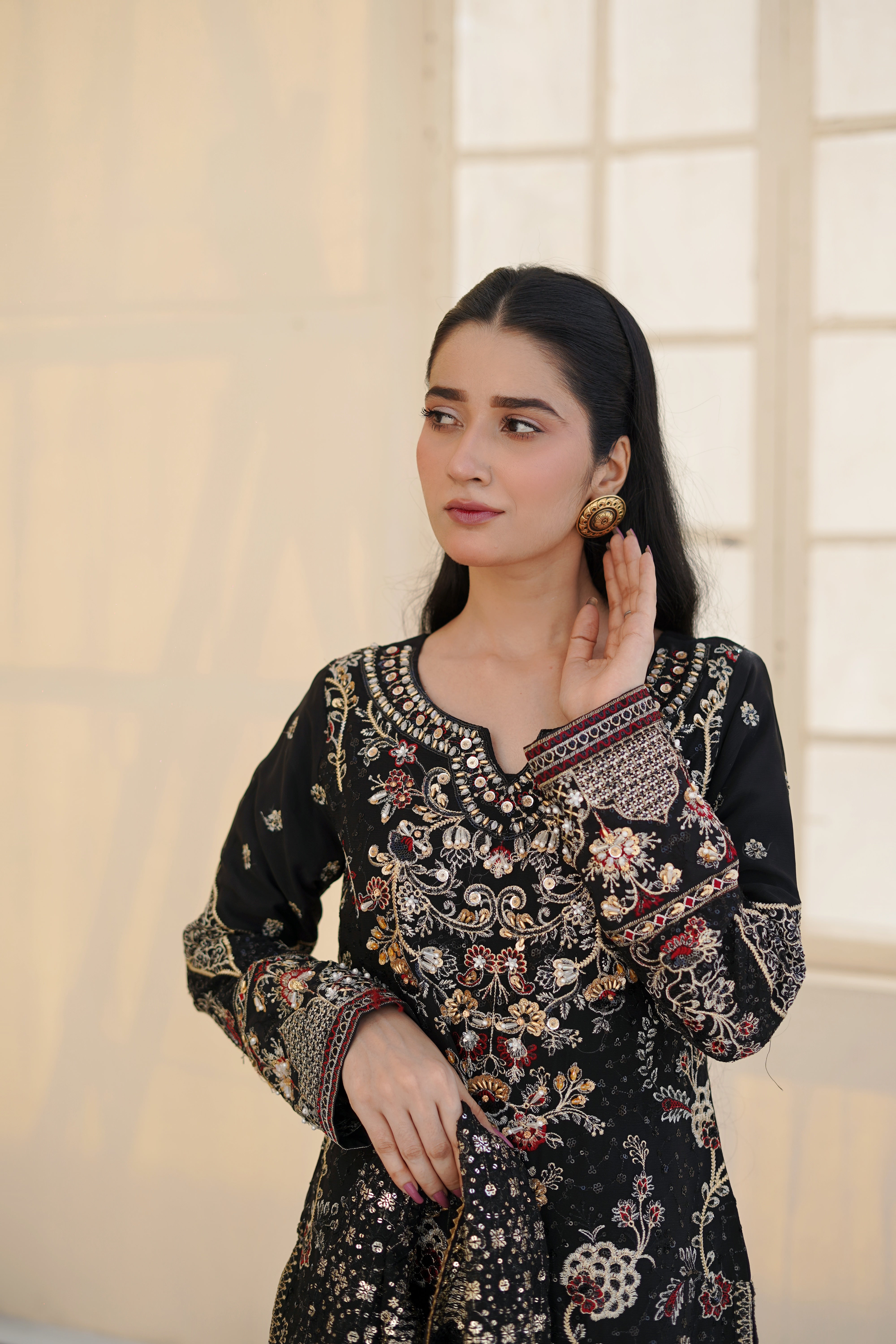 Black Embroidered Chiffon Suit for Women