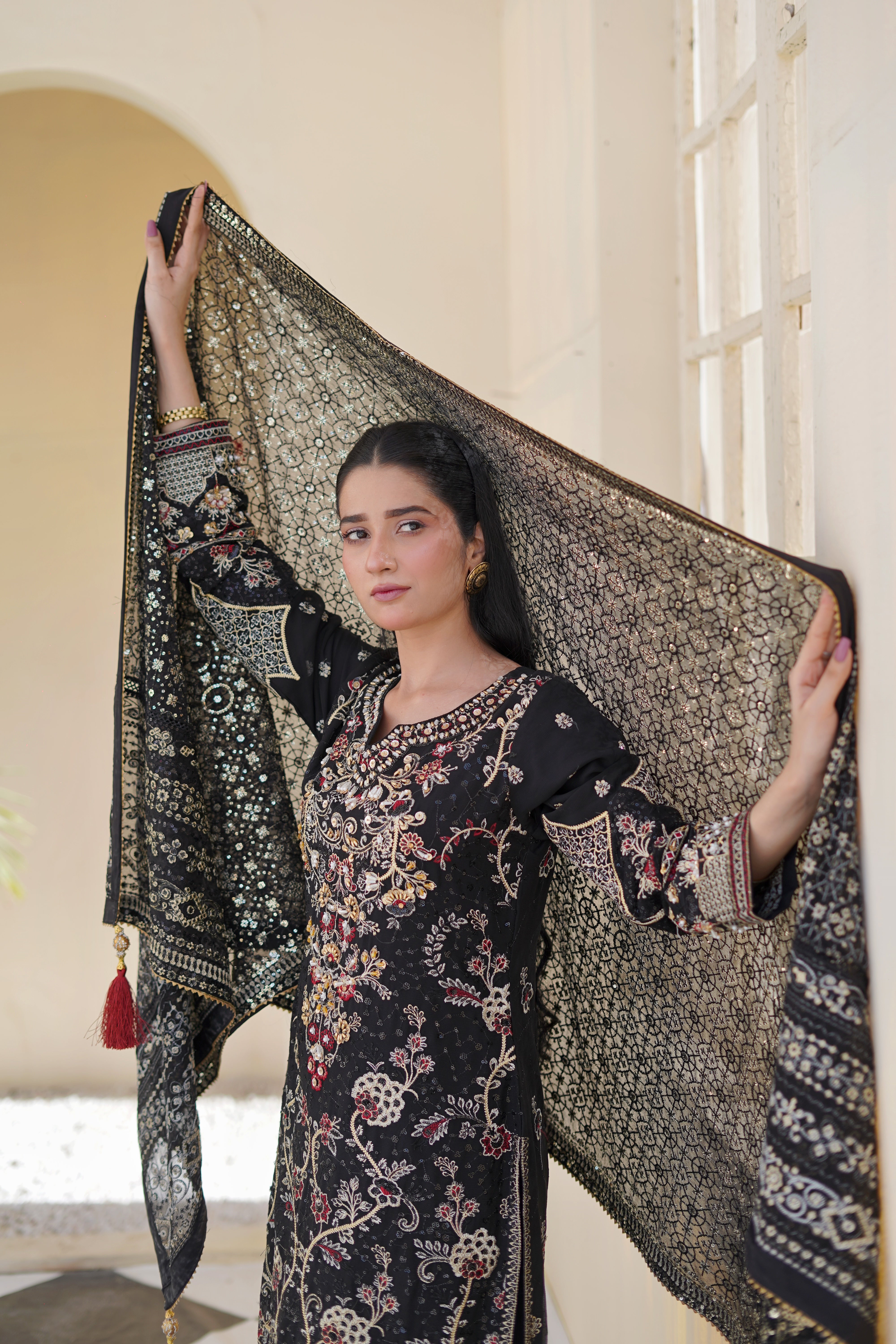 Black Embroidered Chiffon Suit for Women