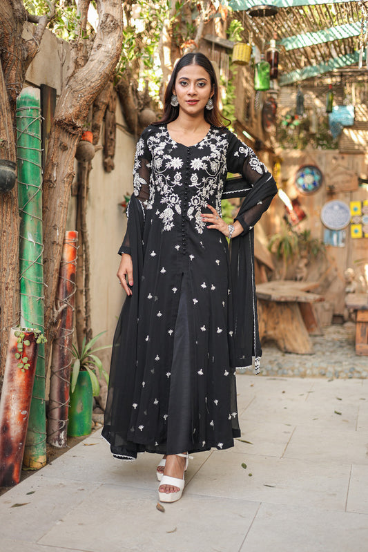 SF-2313 Black Embroidered  Chiffon Dress