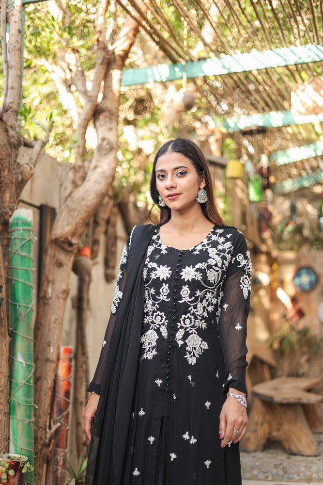 SF-2313 Black Embroidered  Chiffon Dress