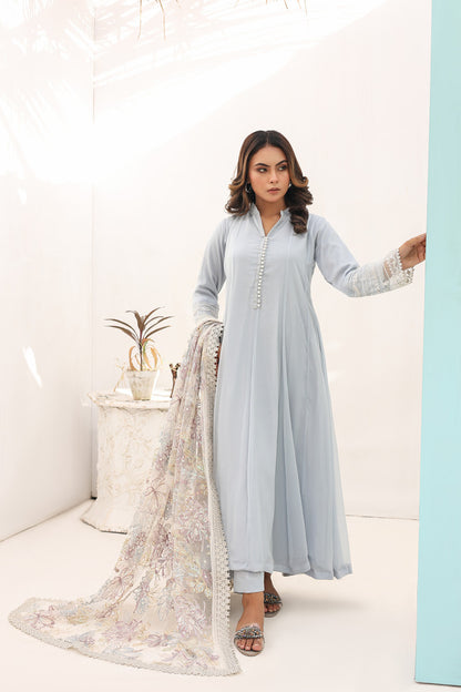 Chiffon Frock Style Dress with Net Dupatta & Straight Pants
