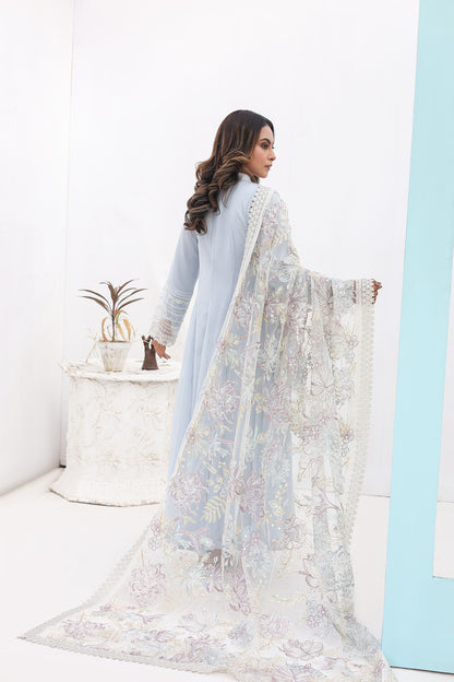 Chiffon Frock Style Dress with Net Dupatta & Straight Pants