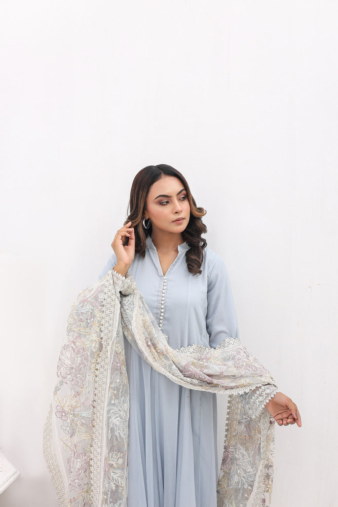 Chiffon Frock Style Dress with Net Dupatta & Straight Pants