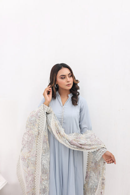 Chiffon Frock Style Dress with Net Dupatta & Straight Pants