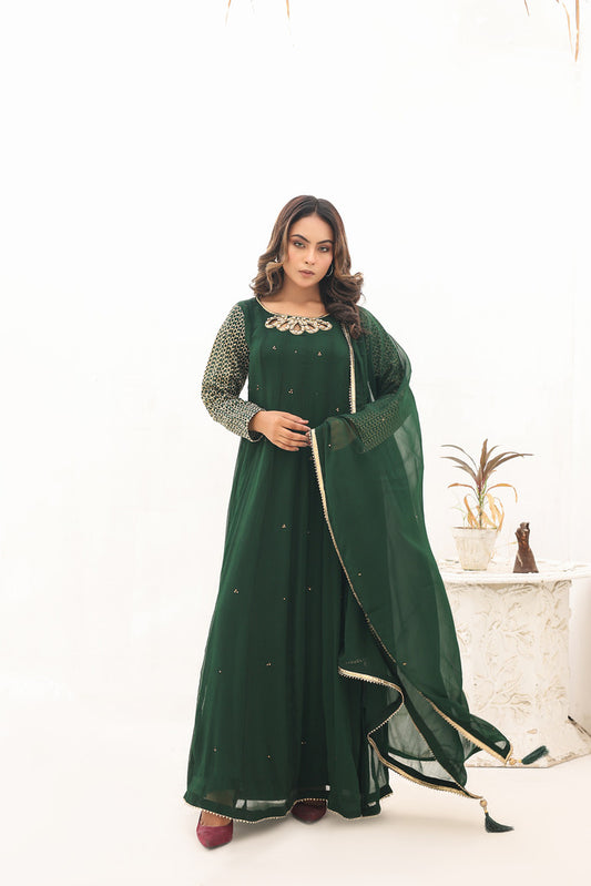 Dark Green Maxi Chiffon 3 Piece Suit