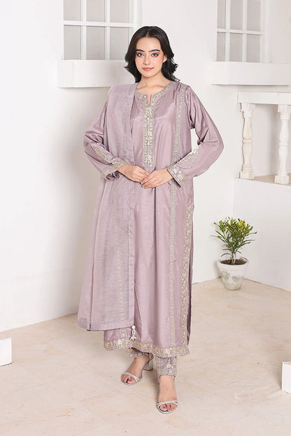 "Discover luxury with our Lilac Raw Silk Kurta. Embroidered straight kurta paired with khaddi net dupatta for sophisticated party wear"