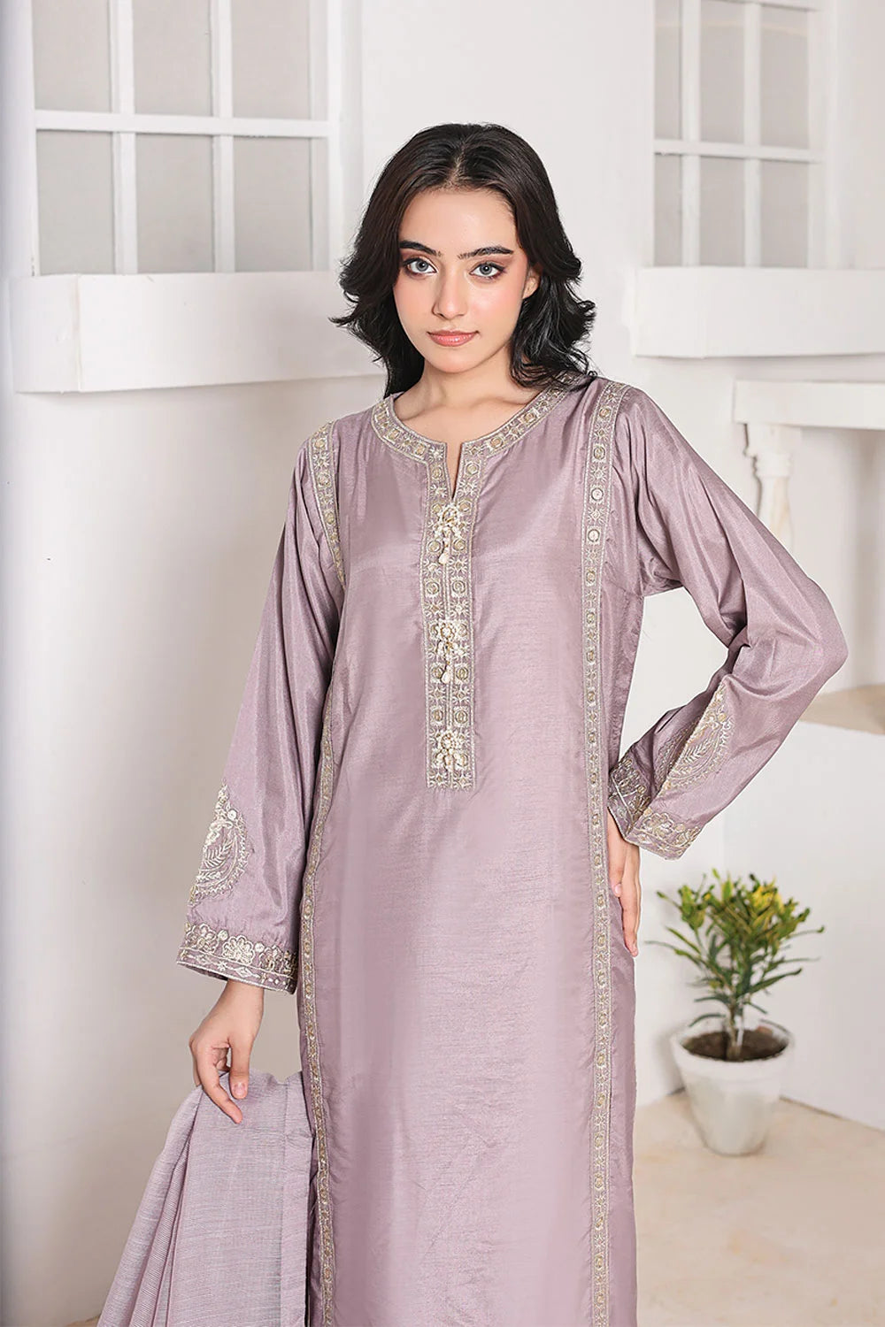 "Lilac embroidered raw silk straight kurta with khaddi net dupatta – luxury pret wear"