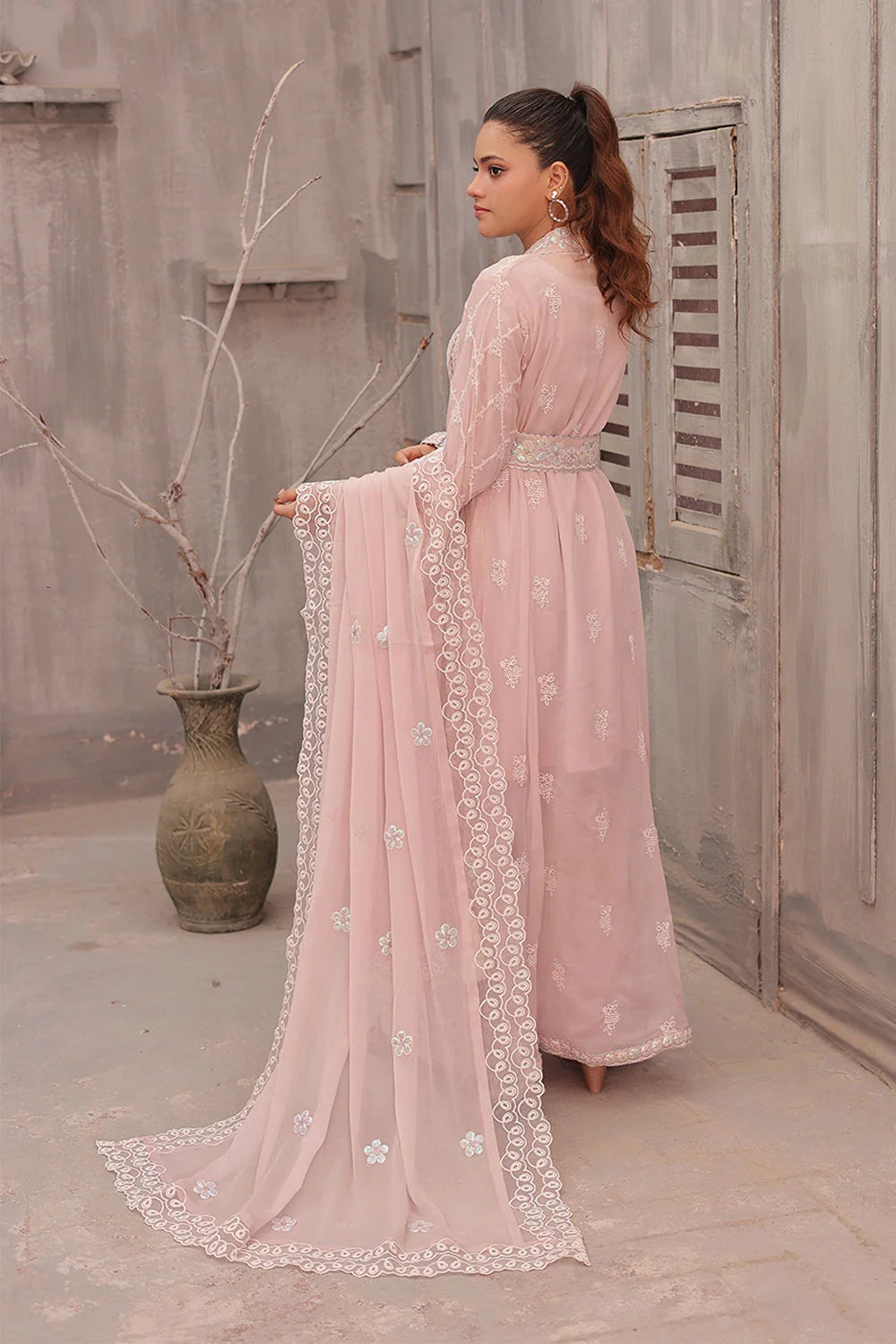 "Designer pastel pink embroidered silk long kurta with chiffon dupatta – festive wear"