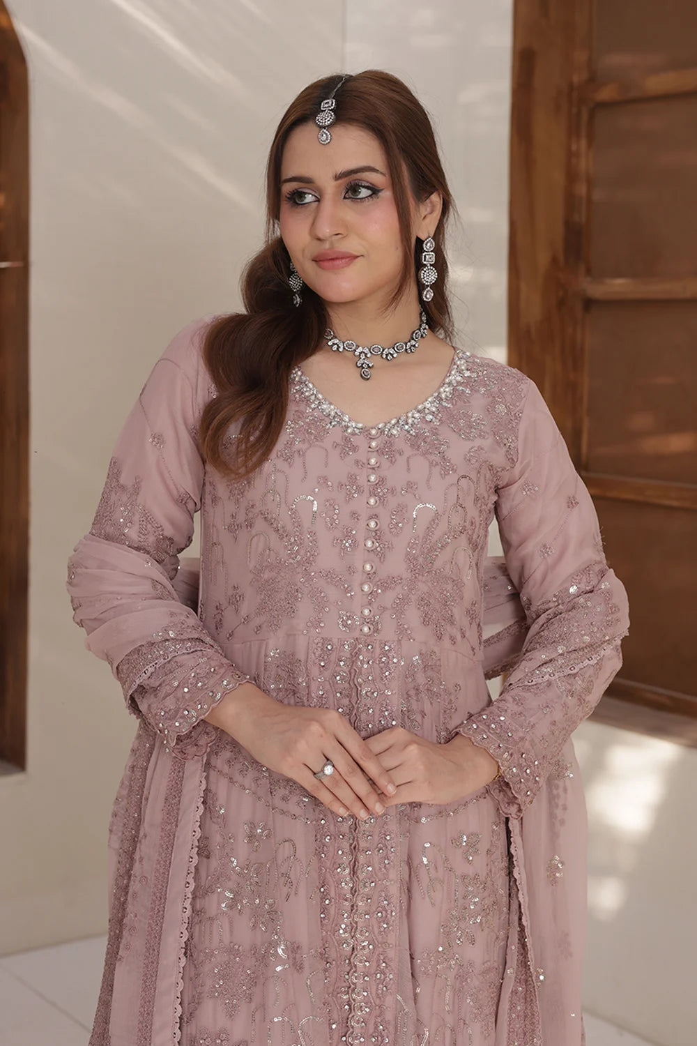 "Luxury pink embroidered chiffon ensemble – wedding party wear"