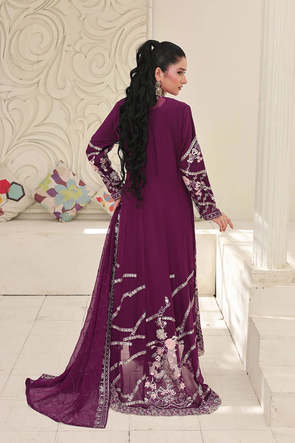 "Magenta embroidered chiffon overcoat with grip tunic – festive stitched suit"