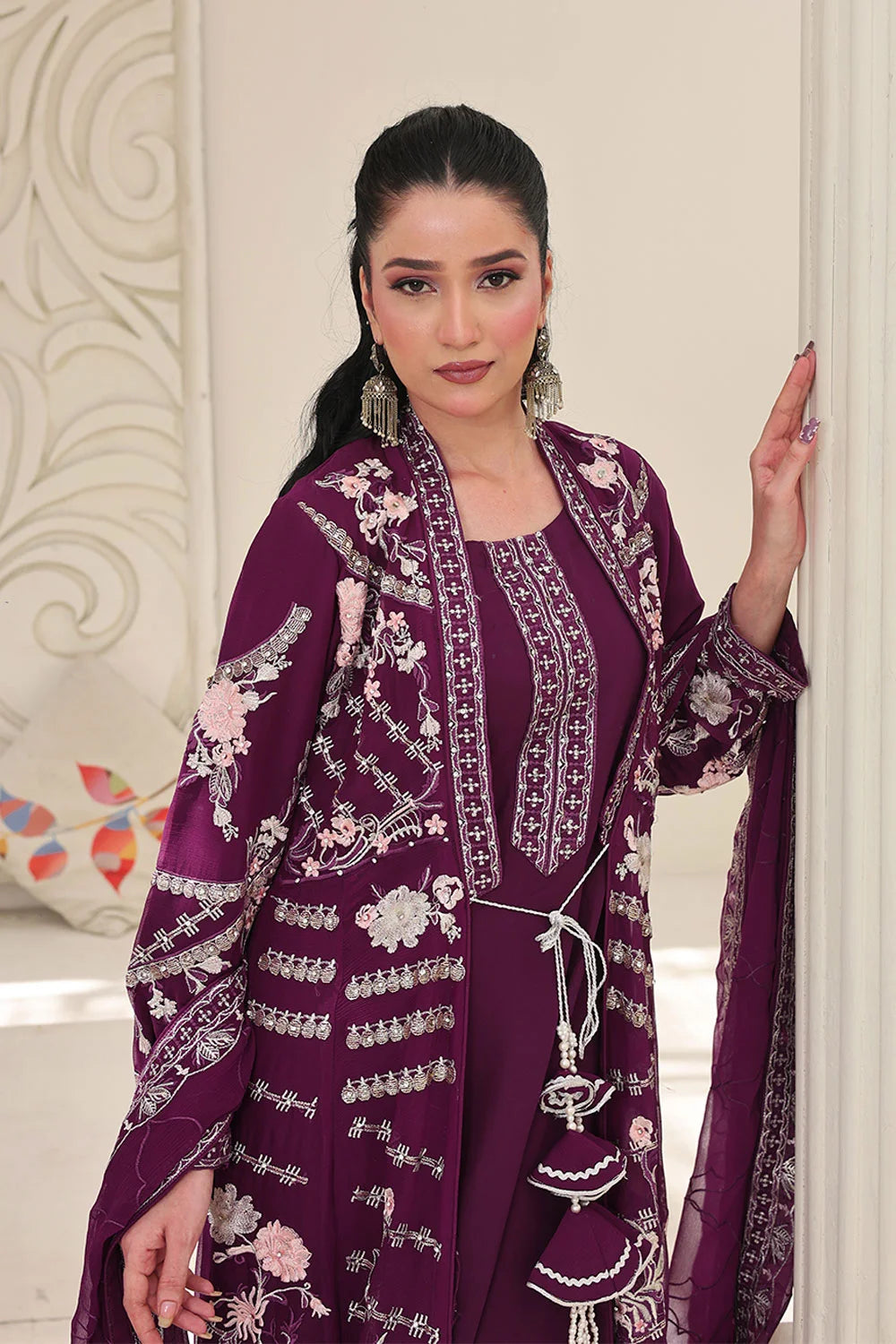 "Magenta embroidered gown style ensemble with chiffon overcoat – luxury stitched suit"