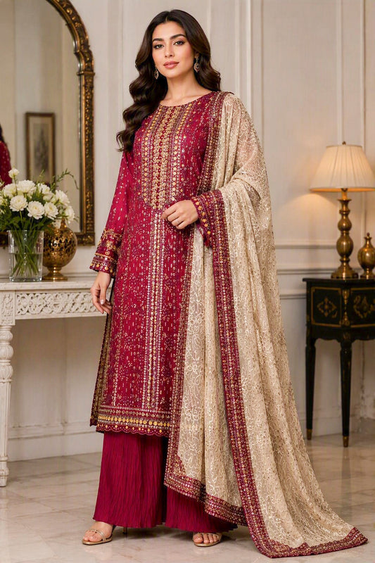 Maroon Chiffon Festive Ensemble | Embroidered Dupatta & Crushed Palazzo