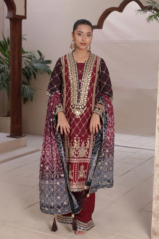 Woman wearing a traditional maroon and blue embroidered outfit indoors.