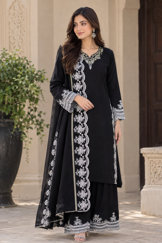 A woman models a black traditional South Asian outfit with intricate white embroidery and silver mirror work, featuring a long kurta, matching pants, and a dupatta, set against an elegant outdoor architectural background.
