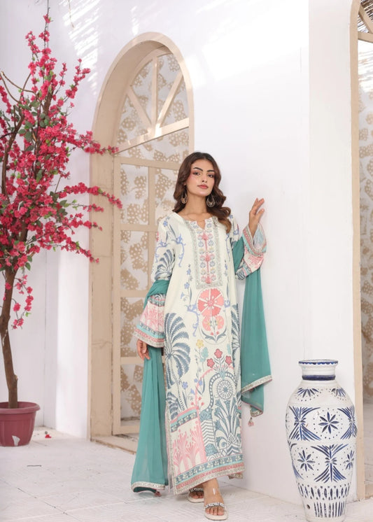 "elegant Off-White 3-Piece Stitched Suit, crafted from premium Bana Dora Fabric for a refined and comfortable look. Featuring a stylish digital print shirt, comfortable straight pants, and a soft chiffon dupatta, this ensemble is perfect for effortless everyday elegance. Its relaxed fit and breathable fabric make it an ideal choice for spring and summer, suitable for casual outings, semi-formal gatherings, and daily wear"