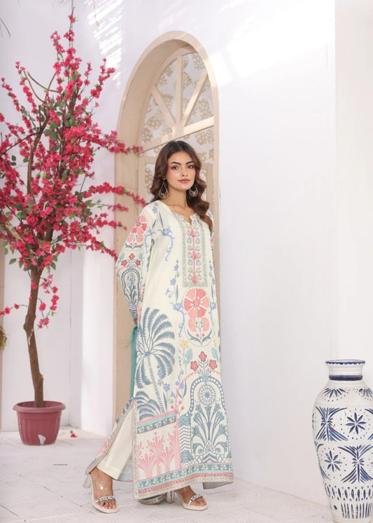"elegant Off-White 3-Piece Stitched Suit, crafted from premium Bana Dora Fabric for a refined and comfortable look. Featuring a stylish digital print shirt, comfortable straight pants, and a soft chiffon dupatta, this ensemble is perfect for effortless everyday elegance. Its relaxed fit and breathable fabric make it an ideal choice for spring and summer, suitable for casual outings, semi-formal gatherings, and daily wear"