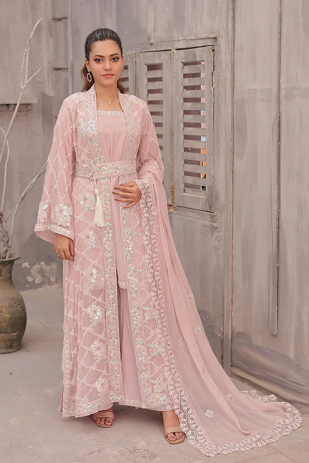 "Light pink embroidered silk kurta, inner dress, and chiffon dupatta – premium stitched pret wear ensemble"