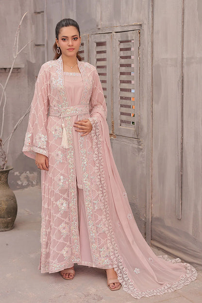 "Light pink embroidered silk kurta, inner dress, and chiffon dupatta – premium stitched pret wear ensemble"