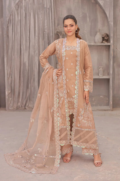 "Shop the Coral Pink Embroidered 4‑Piece Suit. Featuring raw silk tunic, organza overcoat, wide‑leg trousers, and embroidered dupatta for festive elegance"