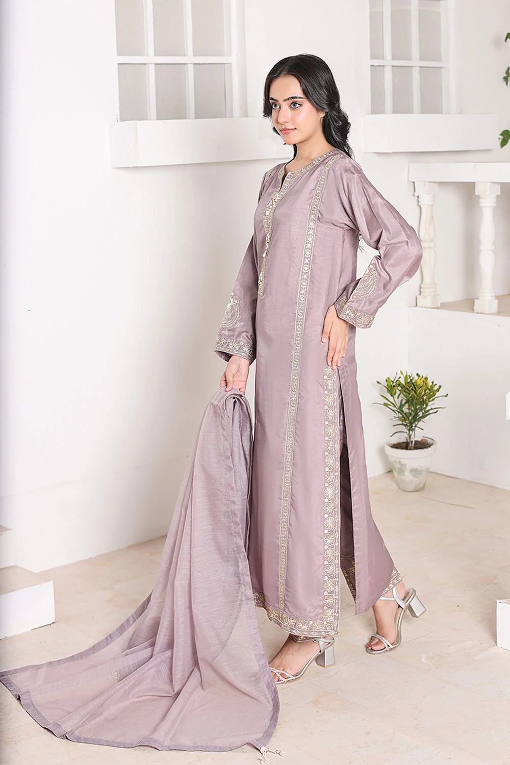 "Lilac raw silk embroidered straight kurta with khaddi net dupatta – premium stitched pret wear ensemble"
