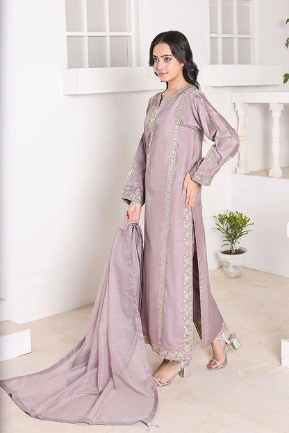 "Lilac raw silk embroidered straight kurta with khaddi net dupatta – premium stitched pret wear ensemble"