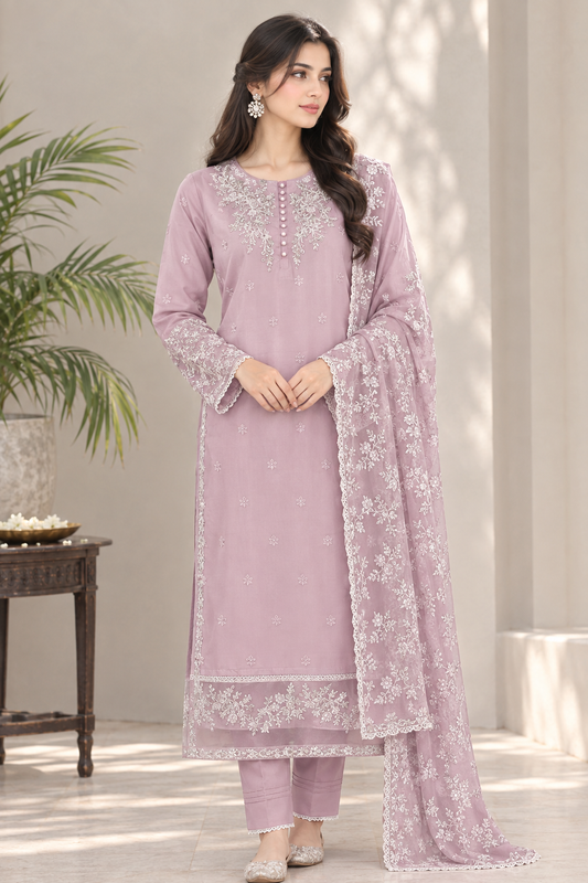 Embroidered Chiffon 3-Piece Pakistani Suit – Pink, Malaysian Blue & Fawn