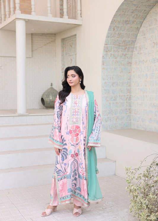 Step into effortless sophistication with this Pink Digital Print 3-Piece Stitched Suit, crafted from premium Bana Dora fabric for exceptional comfort and style. Featuring a beautifully designed digital print shirt, matching straight pants, and an airy chiffon dupatta, this ensemble brings together modern fashion and everyday wearability.

The relaxed fit ensures all-day comfort, while the vibrant pink hue adds a fresh and feminine touch, making it an ideal choice for casual outings, family gatherings, brunc