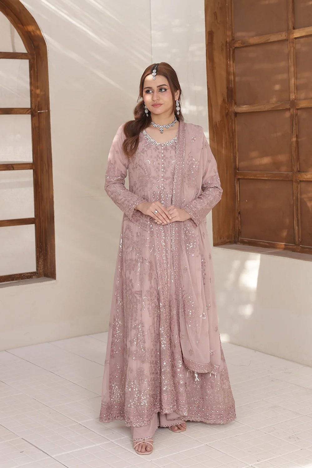 "Pink chiffon embroidered maxi with silk plazzo – festive stitched suit"