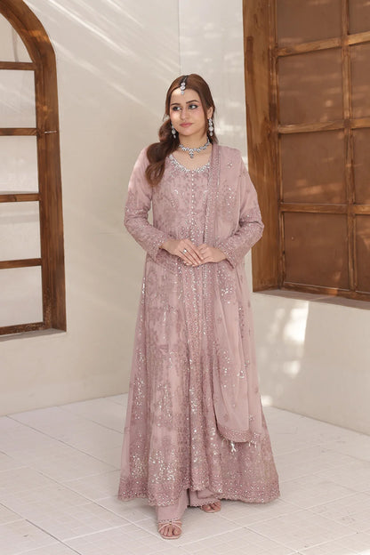 "Pink chiffon embroidered maxi with silk plazzo – festive stitched suit"