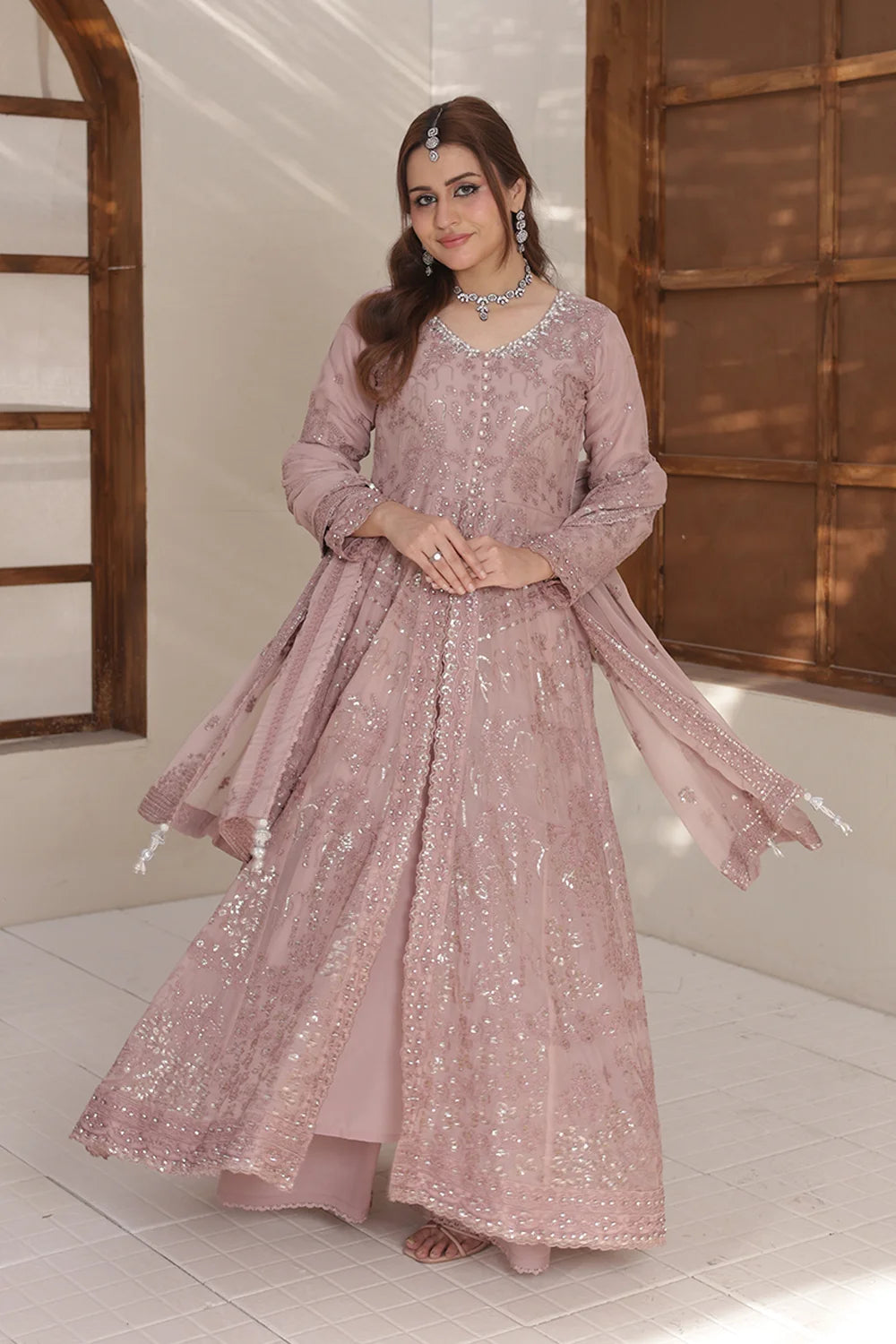 "Pink embroidered chiffon maxi shirt with silk plazzo and dupatta – luxury party wear"
