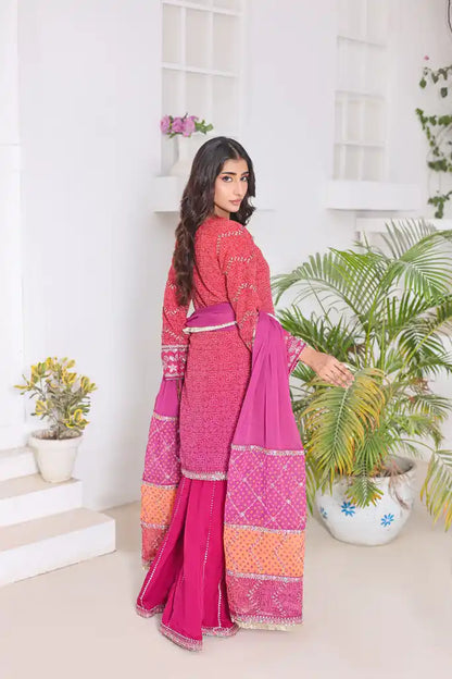 "Elegant raspberry embroidered 3-piece suit styled with chiffon dupatta and malai plazoo Raspberry Embroidered Suit"