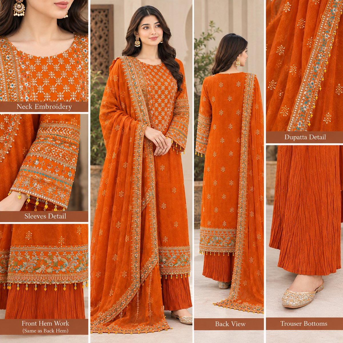 An orange traditional ethnic outfit set shown in a multi-view collage, featuring a model wearing the outfit from the front, back, and side. The set includes a kurta with detailed neck embroidery, sleeves, and hem work, a matching dupatta, pleated trousers, and embellished flat shoes.