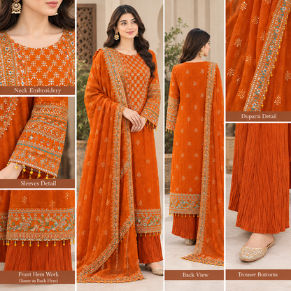 An orange traditional ethnic outfit set shown in a multi-view collage, featuring a model wearing the outfit from the front, back, and side. The set includes a kurta with detailed neck embroidery, sleeves, and hem work, a matching dupatta, pleated trousers, and embellished flat shoes.