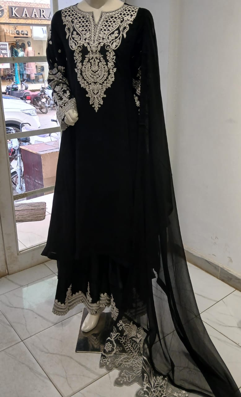 Chiffon Tail Hem Dress with Palazzo & Dupatta