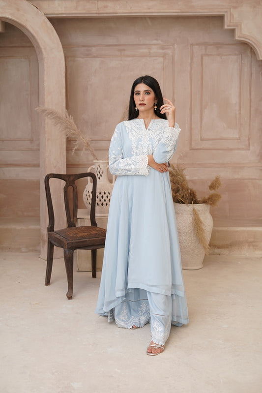 Chiffon Tail Hem Dress with Palazzo & Dupatta